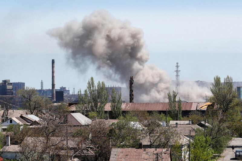 A view shows an explosion at a plant of Azovstal Iron and Steel Works during Ukraine-Russia conflict in the southern port city of Mariupol, Ukraine. Stock image.