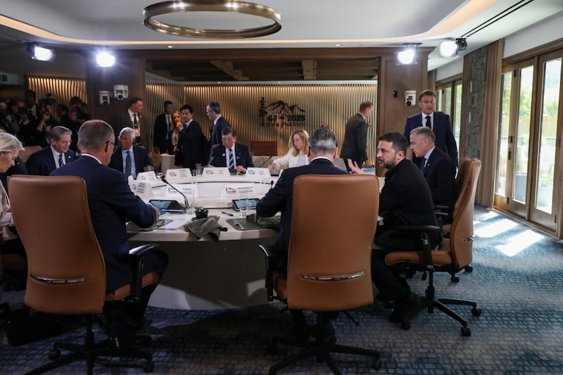 US treasury secretary Scott Bessent, European Commission president Ursula von der Leyen, European Council president Antonio Costa, Japanese Prime Minister Shigeru, Italian Prime Minister Giorgia Meloni, Canadian Prime Minister Mark Carney, Ukraine's President Volodymyr Zelensky, British Prime Minister Keir Starmer and German Chancellor Friedrich Merz attend the G7, Ukraine and Nato working breakfast session V during the G7 Leaders' Summit in Kananaskis in Alberta, Canada on June 17 2025.