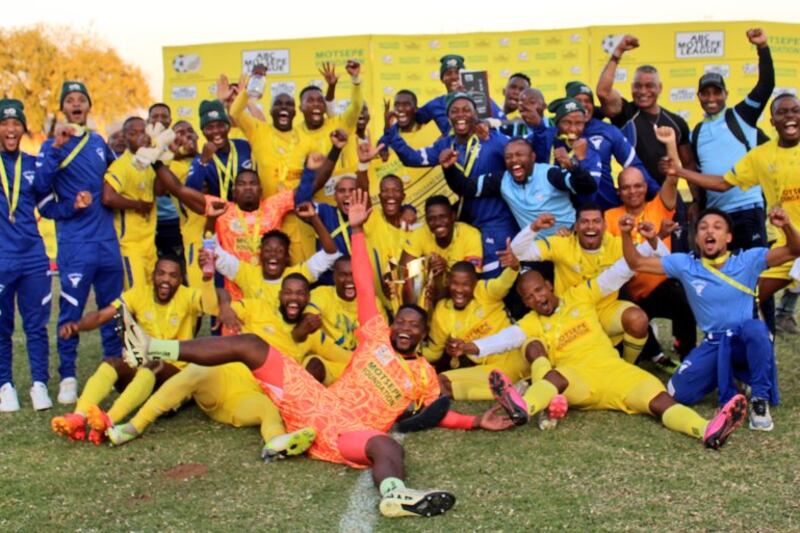 Highbury FC players celebrate winning the 2023-24 ABC Motsepe League with their win in the final against Kruger United in Upington in Northern Cape