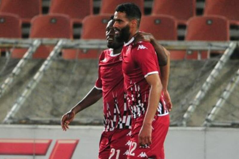 Tashreeq Morris of Sekhukhune United celebrates goal with team mates during the DStv Premiership match against Golden Arrows at Peter Mokaba Stadium on August 10.