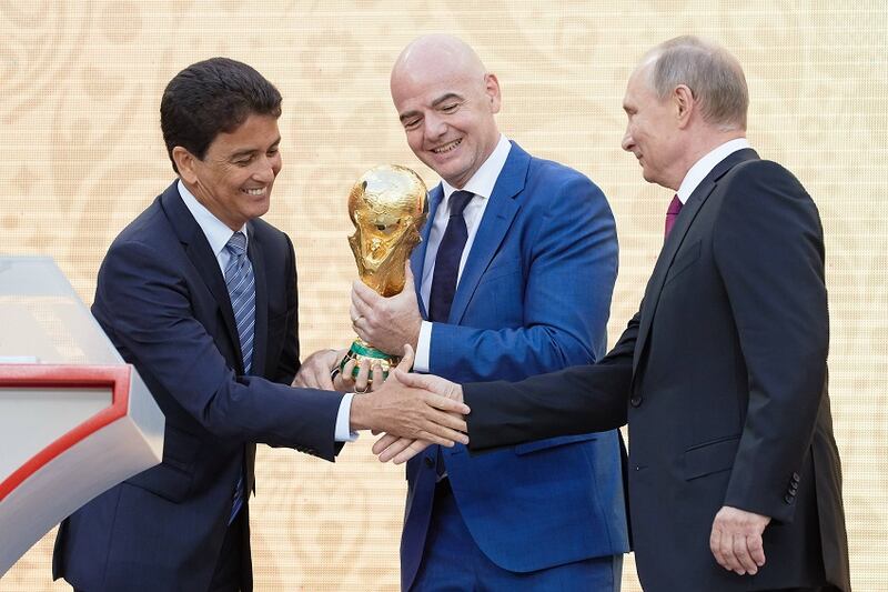 (L to R) FIFA Legends Bebeto, FIFA President Gianni Infantino and Russian Federation President Vladimir Putin on th stage during FIFA World Cup Trophy Tour at Luzhniki stadium on September 9, 2017 in Moscow, Russia.