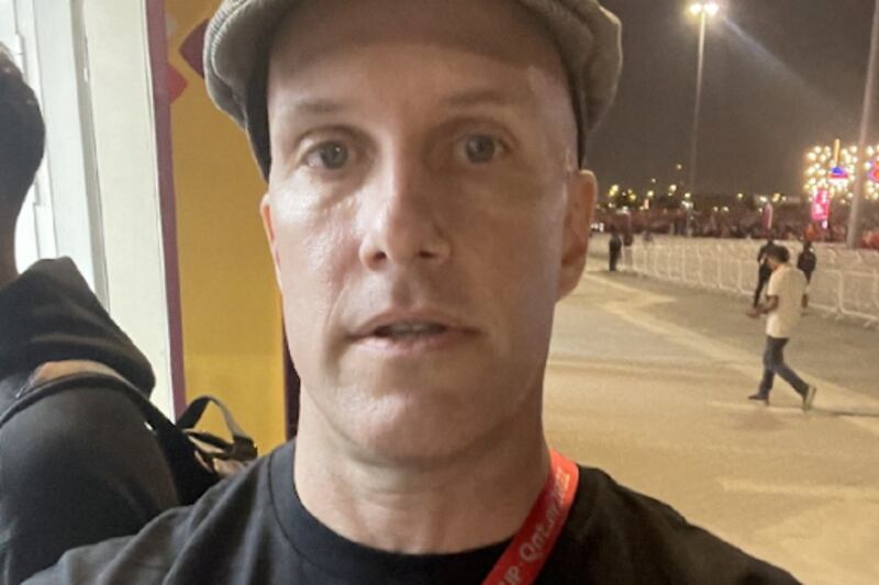 A selfie shows Grant Wahl who claimed that he was briefly detained when he tried to enter a World Cup stadium in Qatar while wearing a rainbow shirt in support of the LGBTQ community, in Al Rayyan, Qatar, in this picture released on November 21, 2022 and obtained from social media.